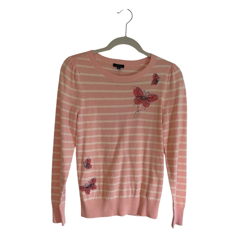 Talbots Sweater Pink XS Womens Striped Butterfly Embroidered Long Sleeve NEW